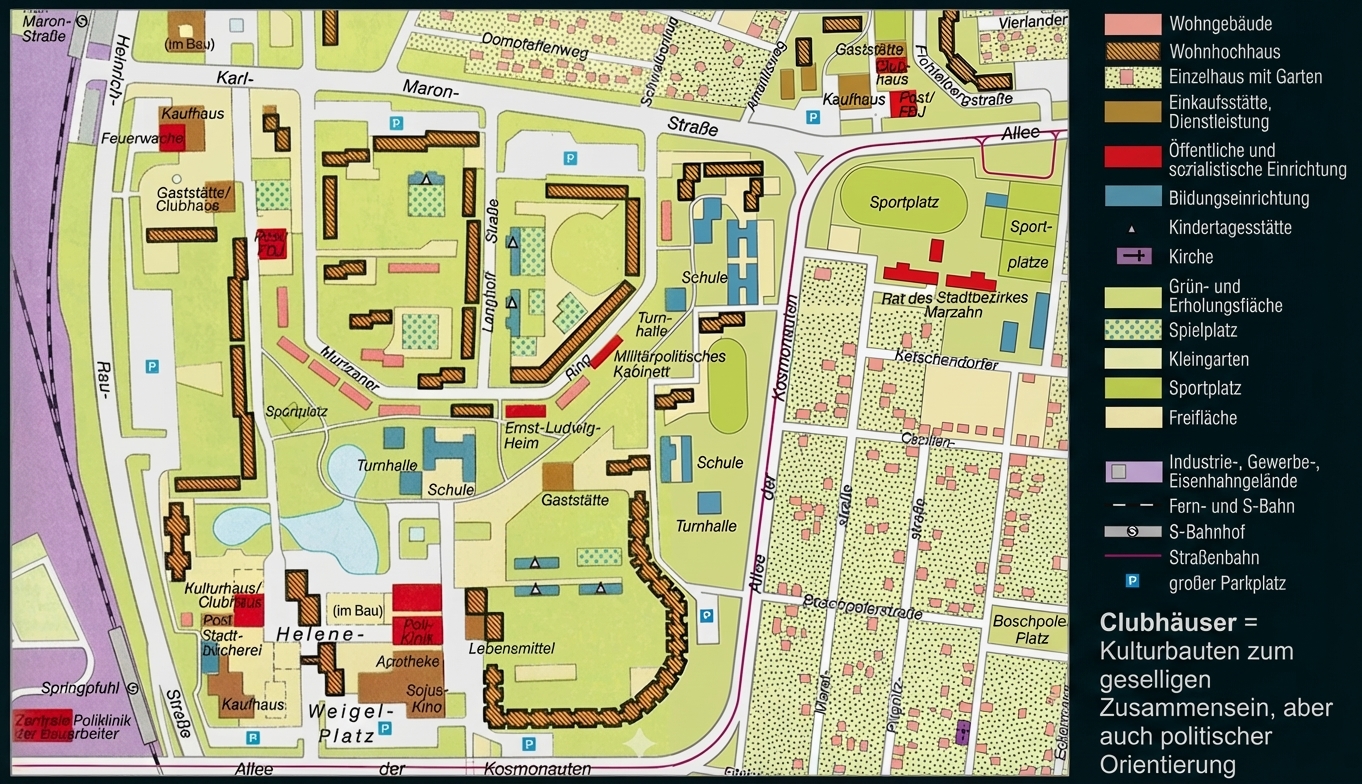 Stadtplan mit Wohnblöcken, Schulen, Sportplätzen, Clubhäusern und Legende